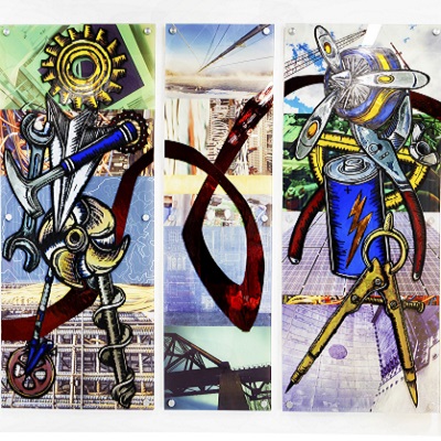 Zerbetz, Evon, Fairbanks. Photograph: JR Ancheta Three vertical, colorful glass windows with abstract, industrial -looking motifs and dynamic forms.