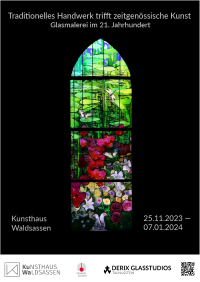 Buntes Glasfenster-Plakat mit Blumenmotiven und Schmetterlingen, Ankündigung einer Ausstellung im Kunsthhaus Waldsassen.
